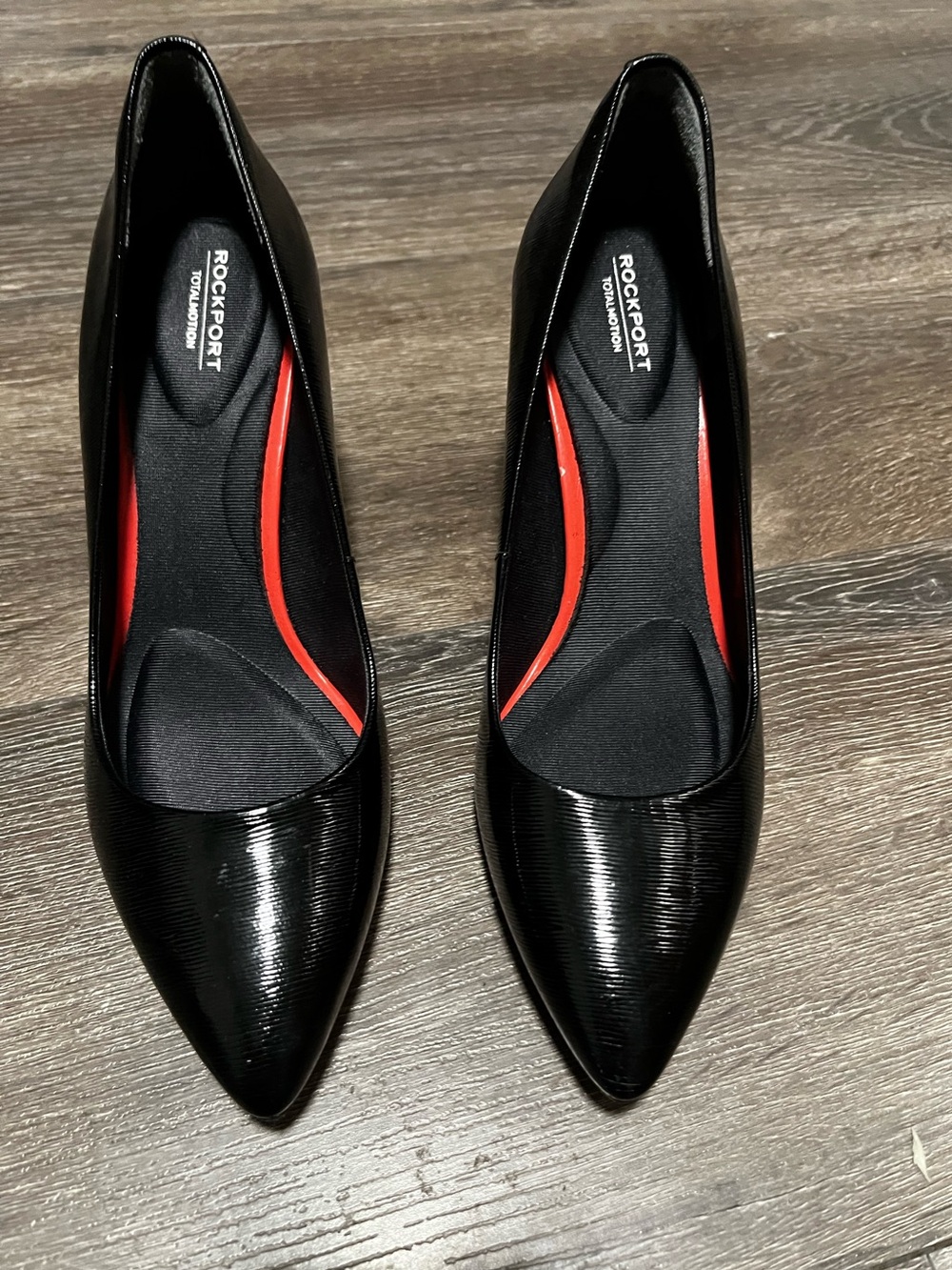 Rockport Black Patent Pointed Toe Pumps with Red Inset